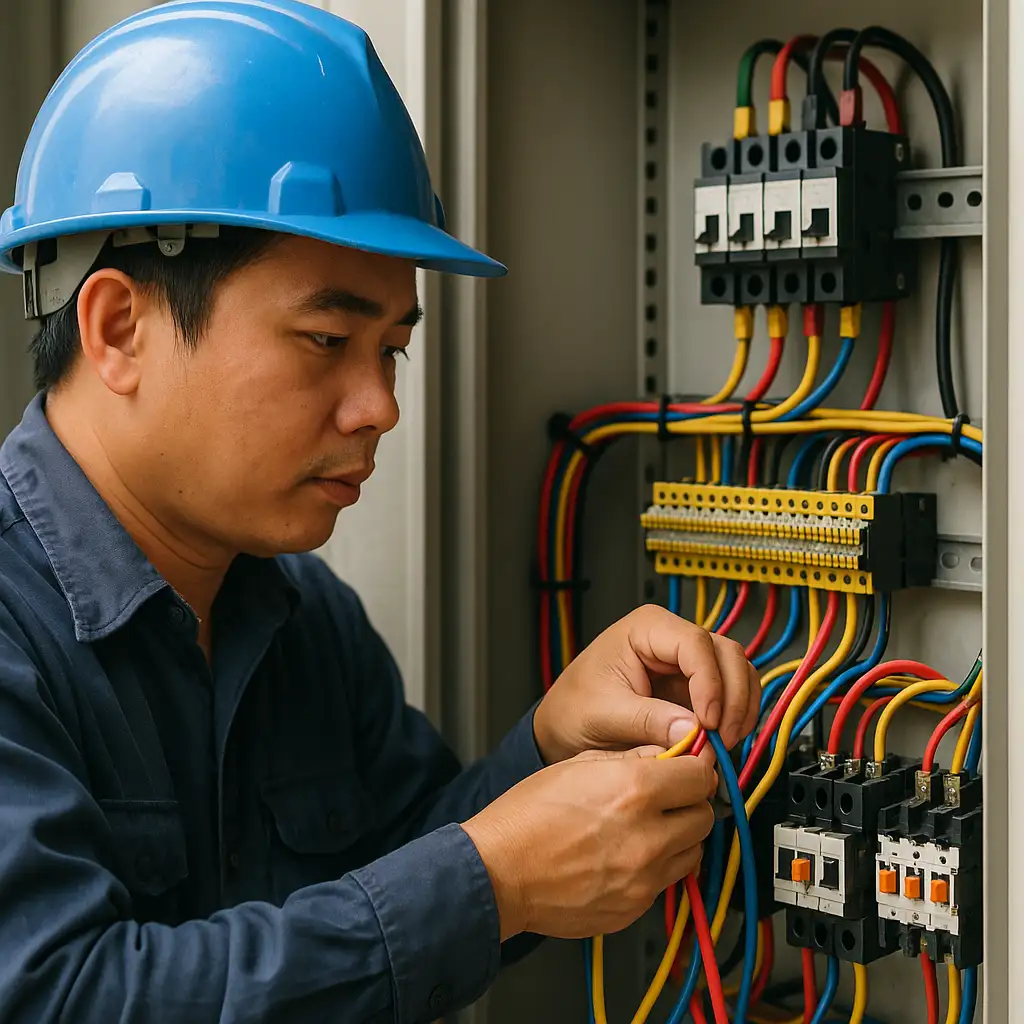 Công nhân đấu dây tủ điện